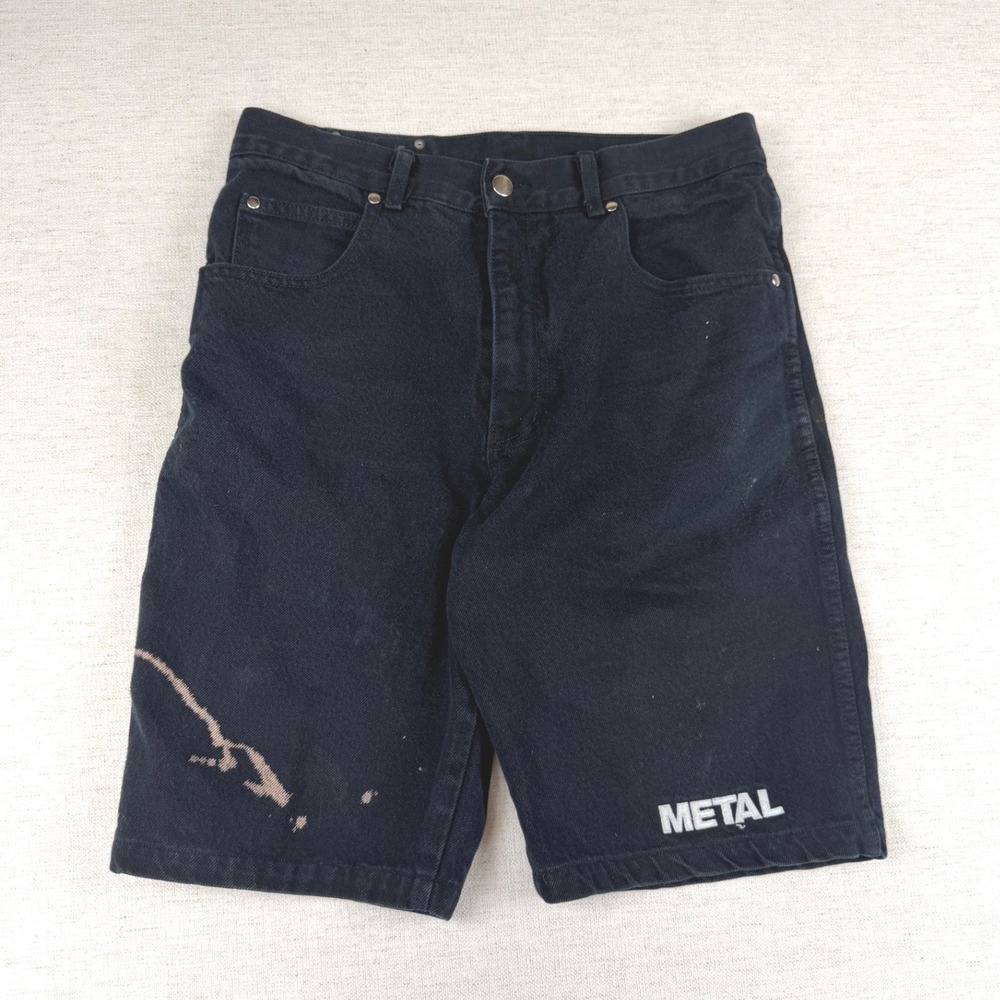 Vintage Y2K Metal Denim Shorts Mens 31 Black Bleach emroidered Baggy Jorts